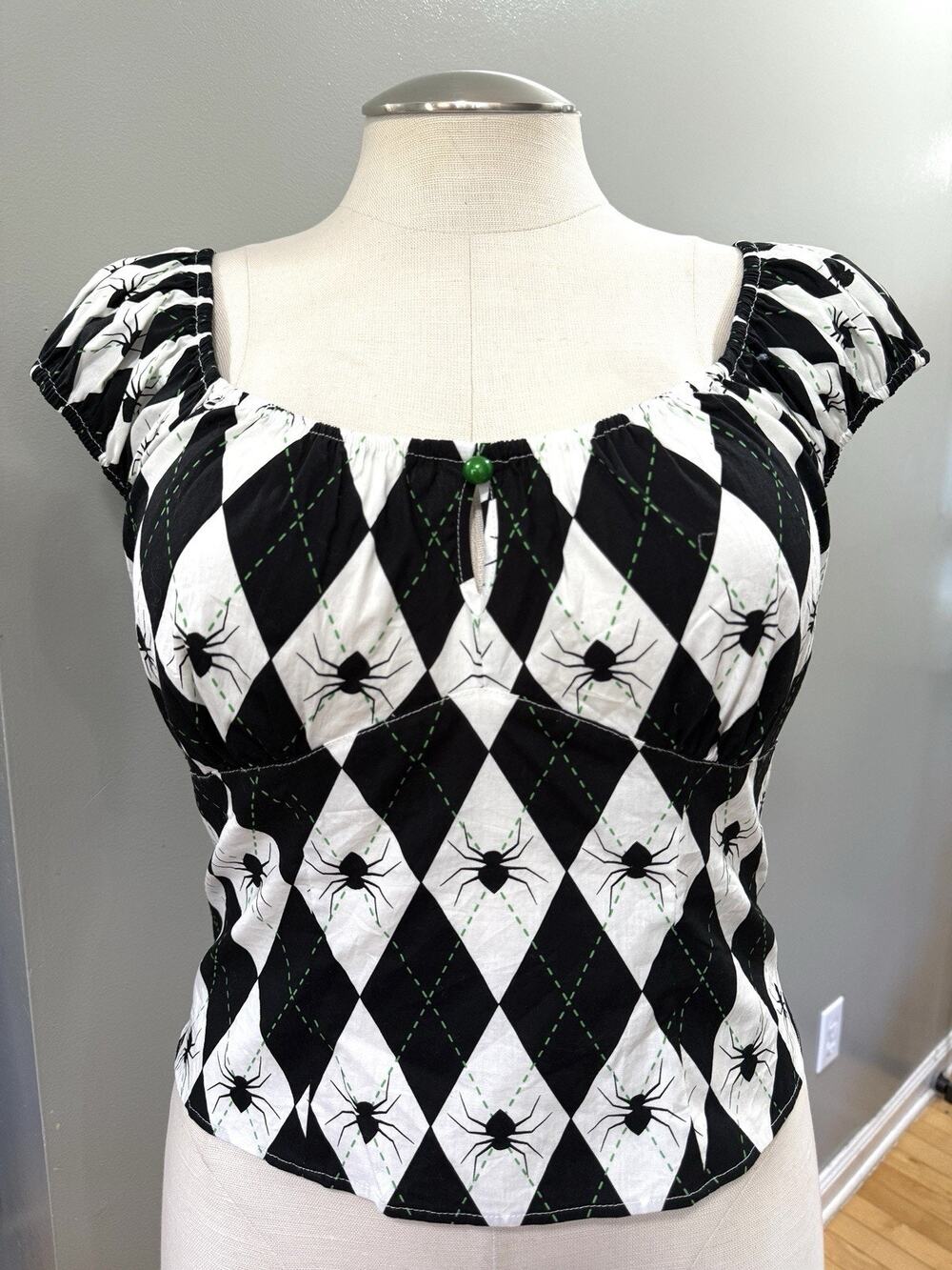 Hell Bunny Harlequin Plaid Spider Regina Top Blouse Size XL UK 16 Halloween New